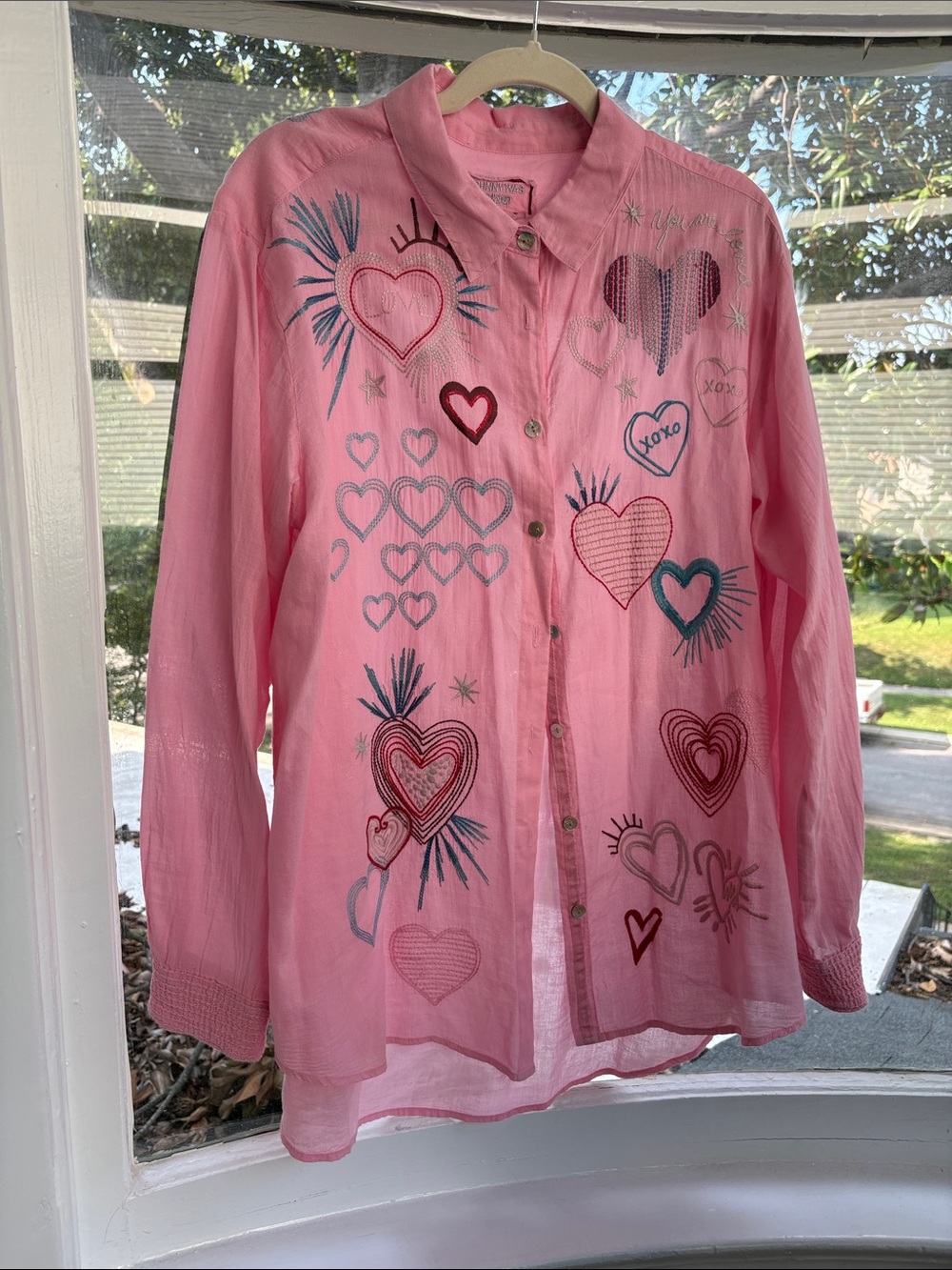 Johnny Was Pink Heart Embroidered Button-Down Blouse